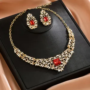 Vintage European bridal crystal necklace earrings set, luxury red gemstone leaf design jewelry.