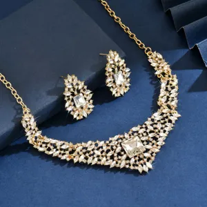European vintage crystal necklace earrings set luxury bridal jewelry leaf flower design