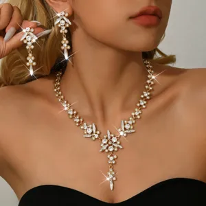 Juego de collar y pendientes de hojas de cristal de novia para fiesta de bodas