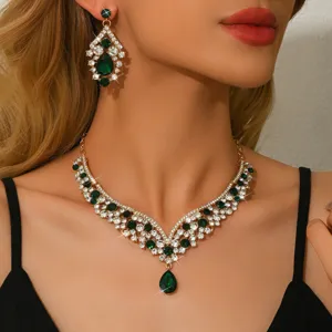 Luxury green crystal rhinestone statement necklace and earrings jewelry set for women party