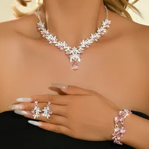 Splendido set collana orecchini bracciale strass foglia, perfetto per sposa matrimonio.