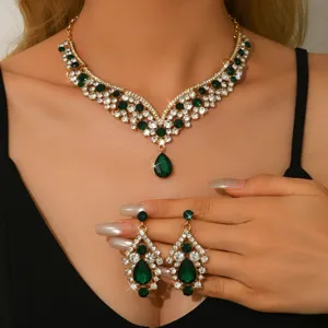 Vintage Verde Cristallo Strass Collana Orecchini Set Lusso Banchetto Festa Gioielli