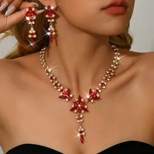 Conjunto de collar y pendientes de novia dorados con cristales rojos brillantes para bodas.