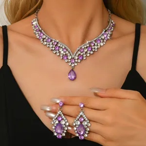 Luxurious purple crystal rhinestone necklace and earrings set for party dress outfit