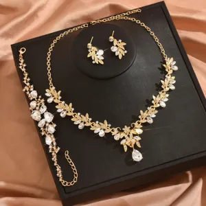 Set collana orecchini bracciale foglia strass oro gioielli matrimonio sposa accessori donna