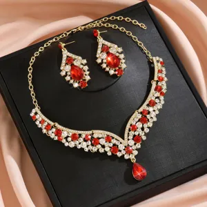 Luxury vintage red crystal rhinestone necklace earrings jewelry set for evening dress party
