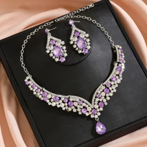 Luxury purple crystal rhinestone necklace and earrings jewelry set for women banquet dress.