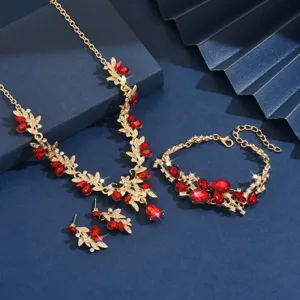 Elegante set di gioielli da sposa con collana orecchini bracciale in cristallo a foglia.