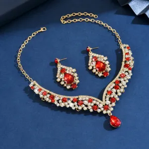 Luxury red and white crystal necklace earrings set gold tone party jewelry accessory