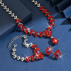 Set collana orecchini bracciale foglia cristallo rosso donna gioielli da sera