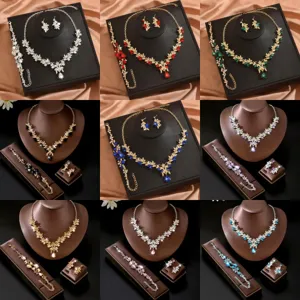 Set di Gioielli in Strass Foglia in Lega di Lusso Per Accessorio Abito da Sposa Collana Orecchini Bracciale Set Donna