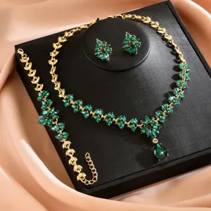 Set collana orecchini bracciale goccia foglia cristallo verde donna festa serale gioielli dettagli.