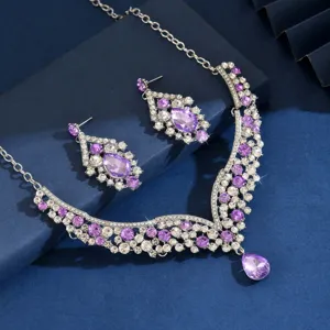 Luxury purple crystal necklace and earrings set, vintage statement jewelry for evening party dress.