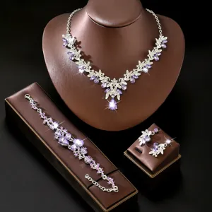 Elegantes silbernes Strass Kristall Blatt Halskette Armband Ohrringe Braut Schmuck Set.