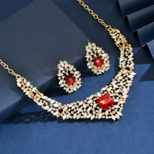 Vintage crystal necklace earrings set gold tone red square stone bridal wedding jewelry gifts