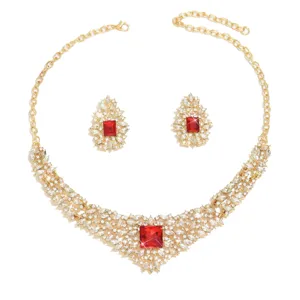 Luxury retro gold-toned crystal necklace earrings set bridal wedding party jewelry accessories