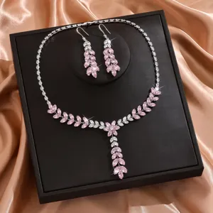 Completo gioielli sposa collana orecchini zirconi rosa lucido elegante set regalo