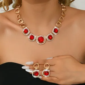 Set di gioielli collana e orecchini in cristallo rosso dorato per donne moda festa.