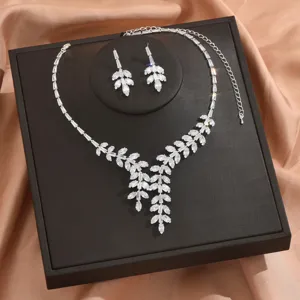 Elegante set collana orecchini foglia zircone sposa gioielli da matrimonio regalo.