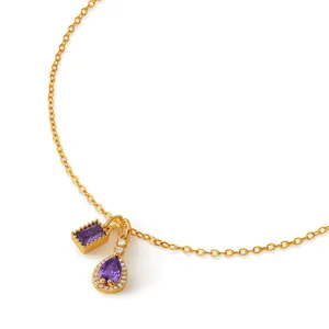 Exquisite gold-plated necklace featuring sparkling purple rectangular and teardrop zirconia stones.