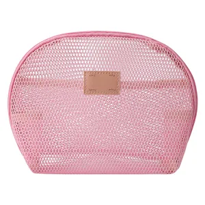Rosa Netz Kosmetiktasche, tragbare halbrunde Reise Kulturbeutel Aufbewahrung für Make-up.