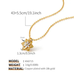 Elegante collar de clavícula con colgante de flor de circón de cobre chapado oro 18k.