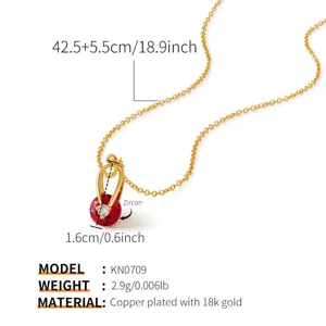 Vue détaillée du magnifique collier ras du cou plaqué or 18k avec zircone rouge.
