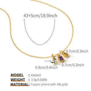 Gold plated copper necklace with colorful zircon pendants, detailed dimensions and specs view.