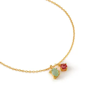 Gold plated O-chain necklace with green and pink gemstone charms for daily elegant wear.