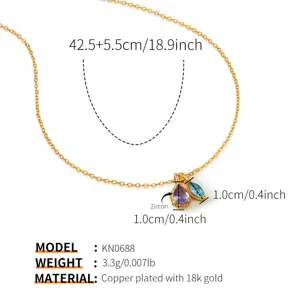 Close-up detail of the 18k gold plated copper necklace featuring vibrant zircon gemstone pendants.