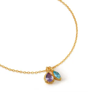 Gold-plated chain necklace featuring teardrop purple and marquise blue zircon pendants.