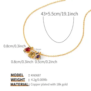 Detailed view of the multi-color zircon 18k gold plated copper necklace, stylish and elegant.