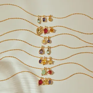 18K Gold Plated Copper Colorful Zirconia Pendant Necklace For Women Elegant Heart Flower Star Gemstone Dainty Link Chain Necklace Jewelry