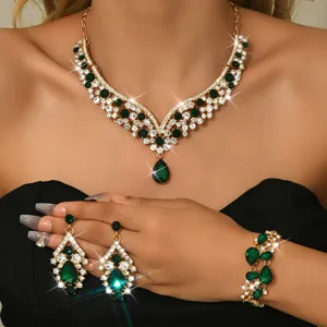 Gold-tone green rhinestone necklace earrings bracelet jewelry set for women wedding party.