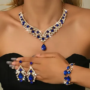 Elegant vintage blue rhinestone necklace earrings and bracelet jewelry set for women