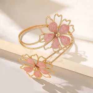 Gold-tone double layer flower arm cuff bracelet pink enamel openwork chic jewelry for women