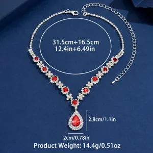Detailed view of women's silver crystal teardrop necklace with dimension and weight specs.