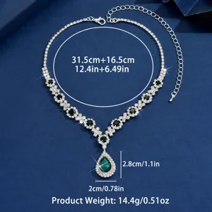 Elegant silver rhinestone teardrop necklace with green crystal for women fashion jewelry.