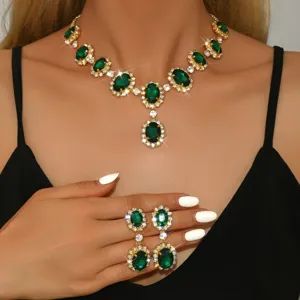 Elegante set collana orecchini strass verde moda europea gioielli donna lusso dettaglio