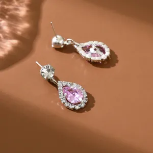 Pendientes de boton circonita rosa gota plateada con cristales brillantes joyas mujer