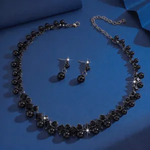 Conjunto de collar y pendientes de perlas negras y cristal para fiesta de bodas brillo.