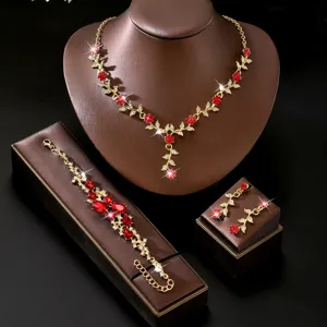 Elegante juego de joyas collar pulsera aros con estrases rojos para novia boda fiesta.