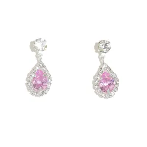 Hermosos aretes colgantes de circonita rosa para mujeres, joyería de cristal elegante.