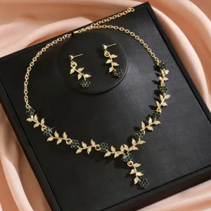 Elegante conjunto collar pendientes estrás novia retro flor verde joyería aleación oro