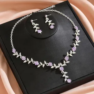 Estilo europeo novia conjunto collar pendientes flor purpura diamantes imitacion boda