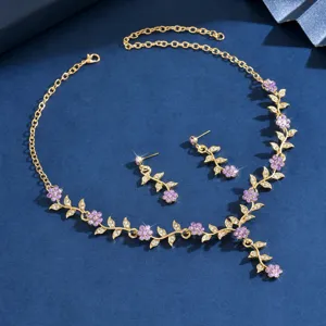 Conjunto collar pendientes flor cristal novia, joyería estrás morado aleación oro vintage.