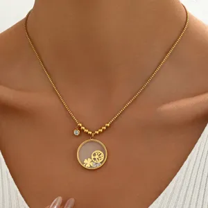 Minimalist Stainless Steel Clover Pendant Necklace Gold Plated Floating Glass Locket Clavicle Chain Fashion Jewelry For Women