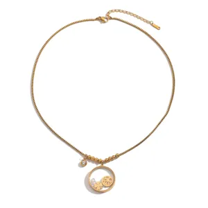 Gold Stainless Steel Box Chain Necklace with Round Floating Pendant Charm for Women Jewelry
