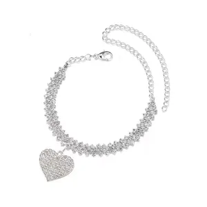 Silver rhinestone heart anklet sparkly crystal foot chain for women summer beach party.