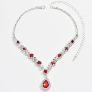 Elegant red rhinestone teardrop pendant necklace for women, sparkling crystal fashion jewelry.